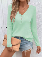 Waffle Knit Button-Detail V-Neck T-Shirt