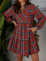 Plaid Print Frilly Collar Long Sleeve Shift Mini Dress