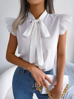 Ruffle Cap Sleeve Bow Tie Blouse