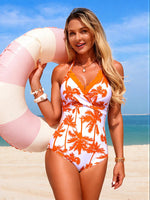 Tropical Palm Print Halter Neck One-Piece Swimsuit