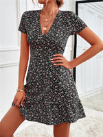 Printed Ruffled Hem V-Neck Short Sleeve Mini Dress
