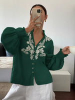 Embroidered Notched Long Sleeve Blouse