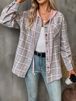 Plaid Button-Up Hooded Shirt with Chest Pocket