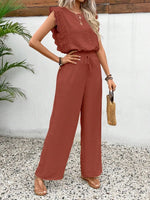 Lace Trim Round Neck Top and Pants Set