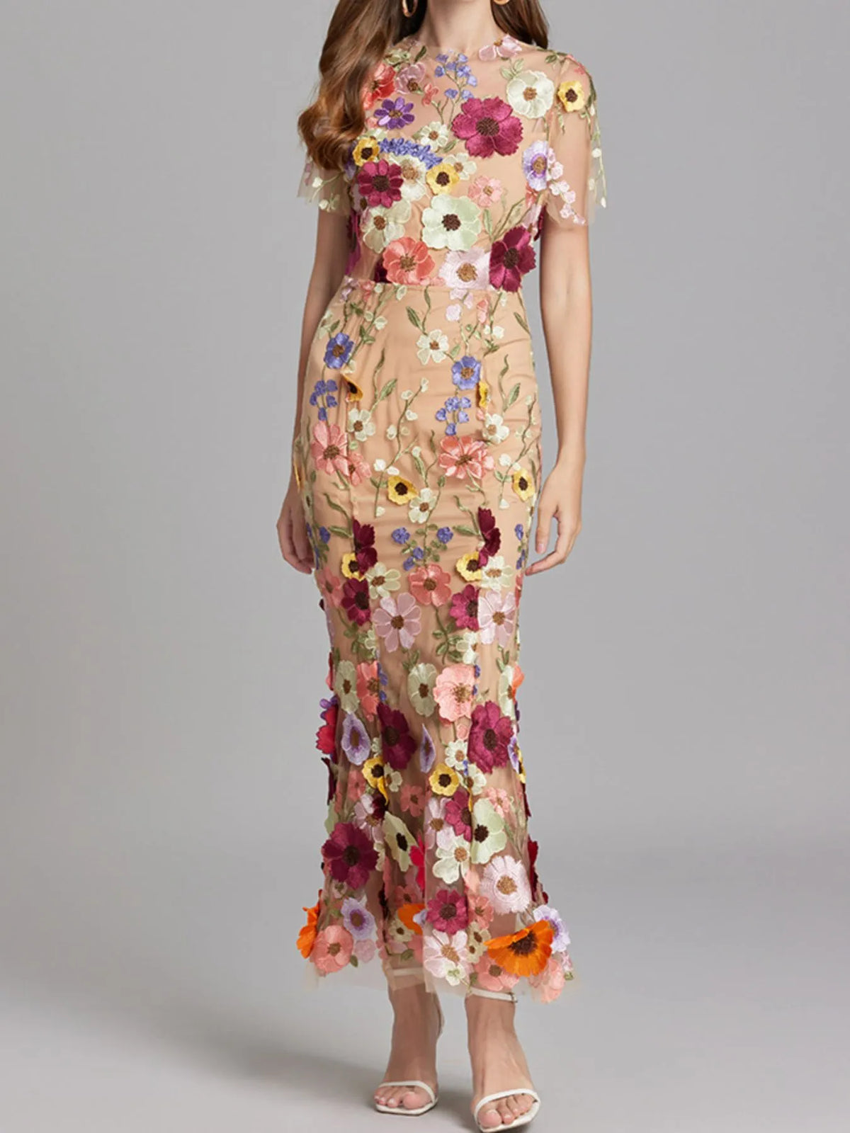Floral Embroidered Mesh Overlay Maxi Dress