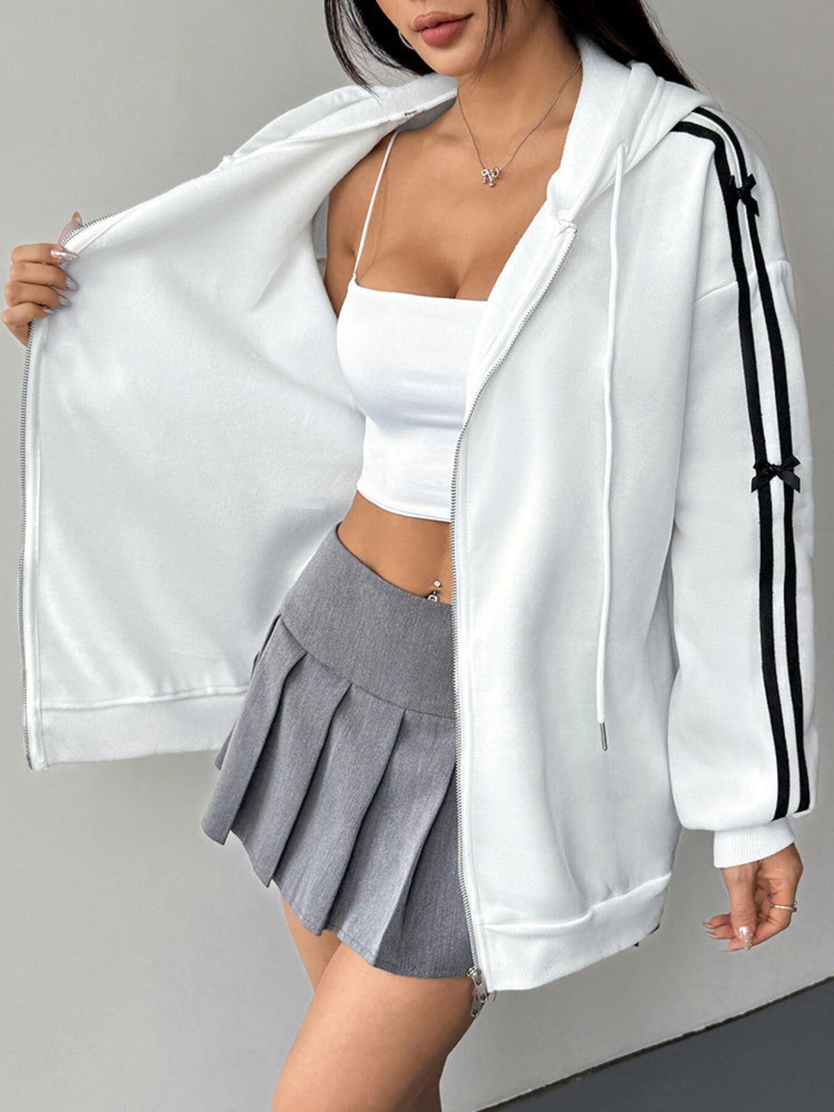 Striped Sleeve Zip-Up Drawstring Hoodie