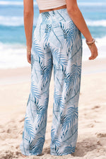 Tropical Print Shirred Waistband Wide Leg Pants