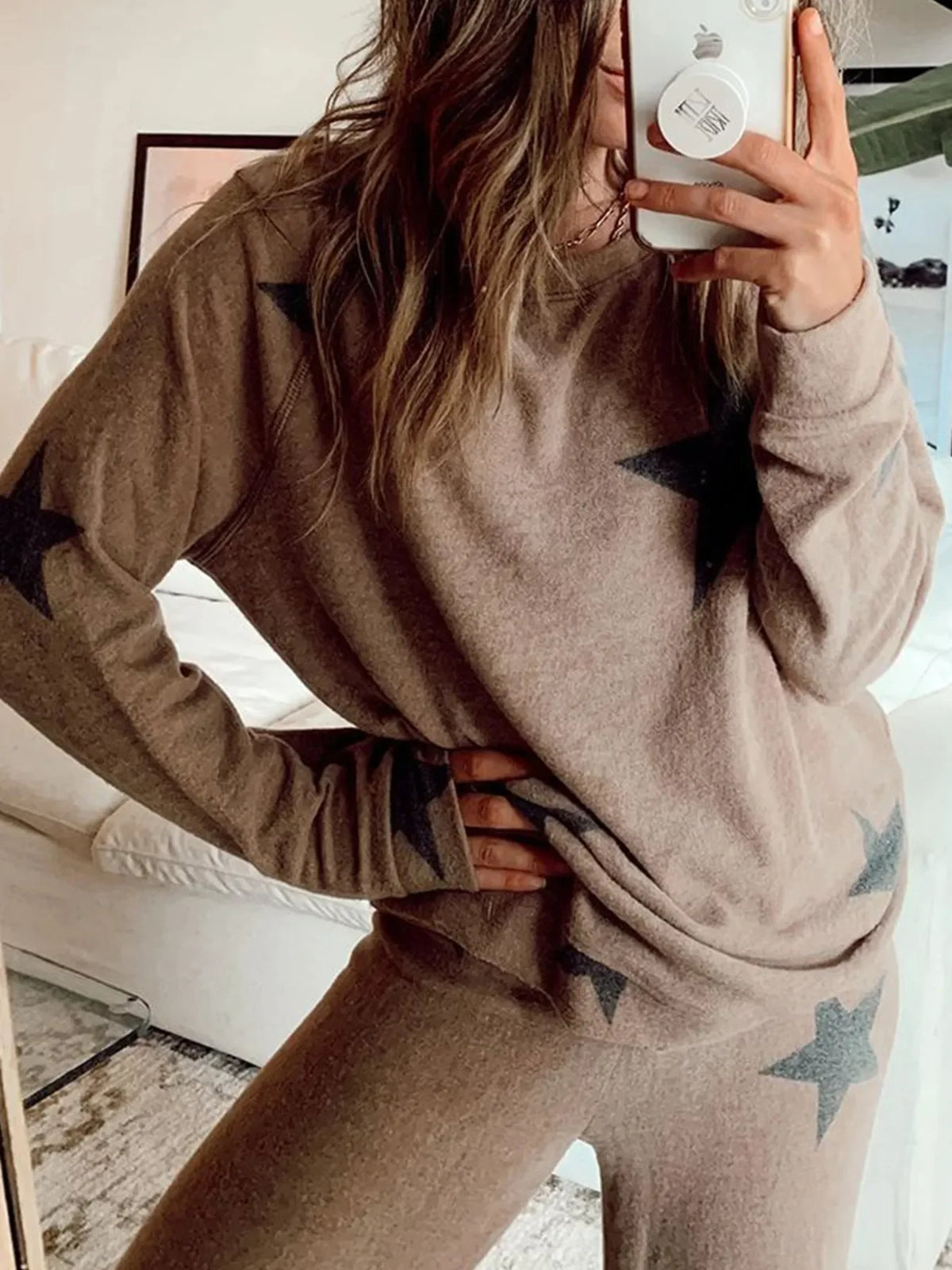 Star Print Top and Drawstring Pants Set