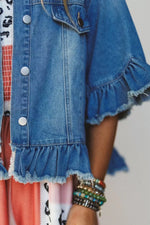 Ruffle Hem Raw Edge Half Sleeve Western Denim Jacket
