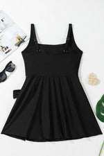 Side Tied Waist Square Neck Adjustable Straps A-line One Piece Swim Dress