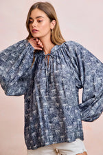BiBi Ribbon Bow Print Exaggerated Balloon Sleeves Top