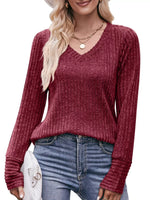 V-Neck Ribbed Knit Long Sleeve T-Shirt