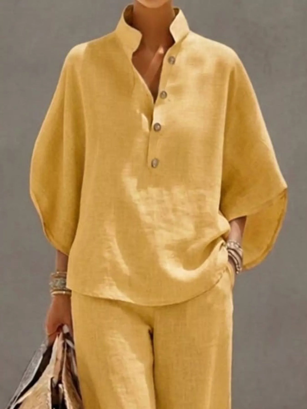 Full Size Button Detail 3/4 Sleeve Top and Pants Set Plus Size