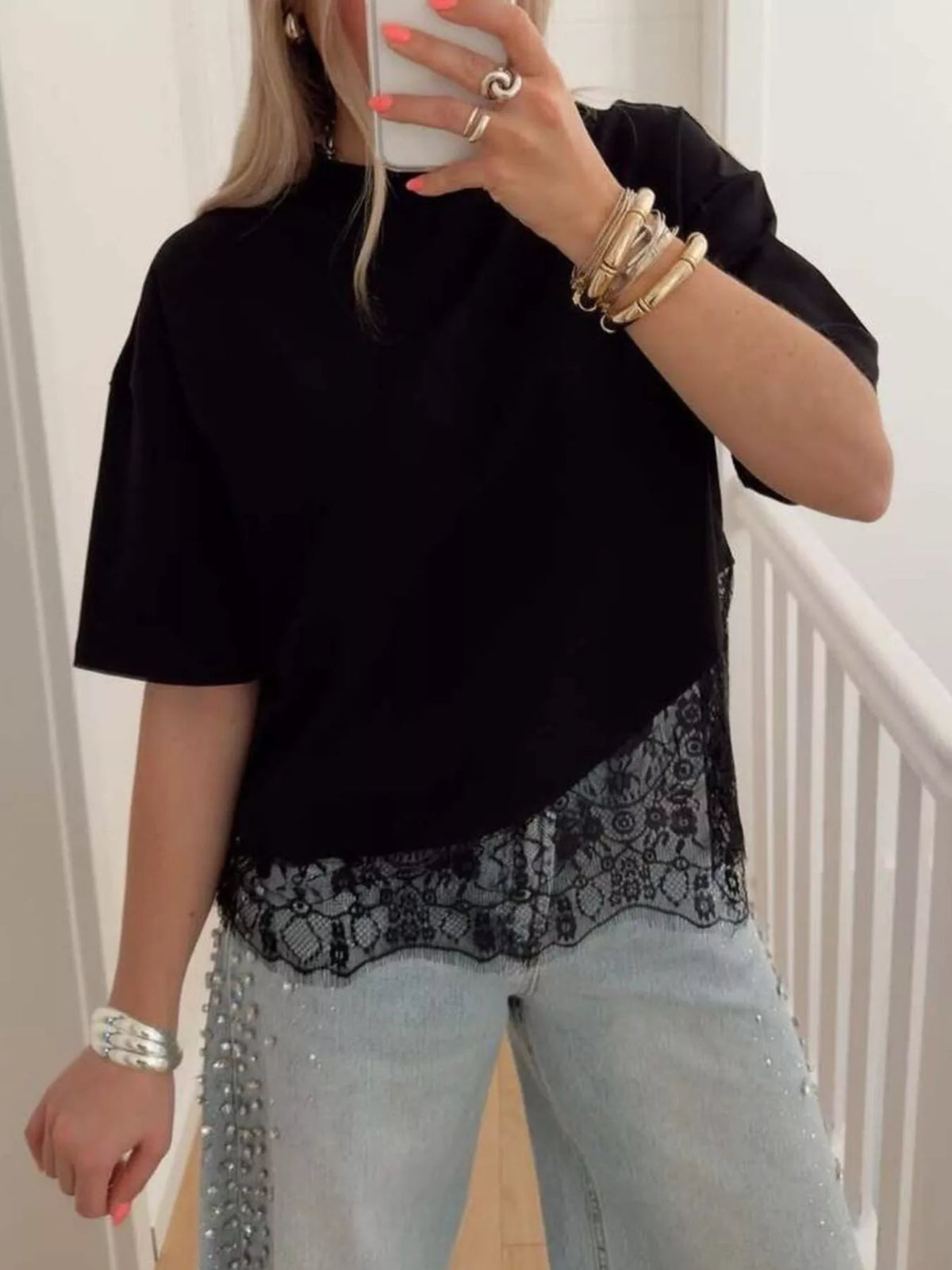 Lace Hem Short Sleeve Top