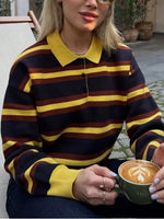 Striped Polo Collar Knit Sweater