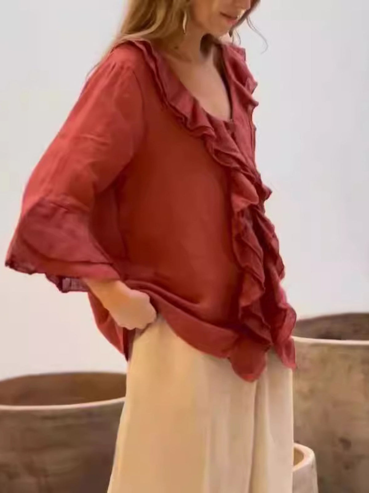 Full Size Ruffle Trim 3/4 Sleeve Blouse Plus Size