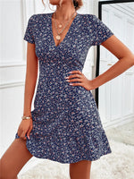 Printed Ruffled Hem V-Neck Short Sleeve Mini Dress