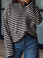 Button Detail Dropped Shoulder Striped Sweater