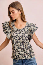 BiBi Floral Jacquard Ruffle Sleeves Knit Top