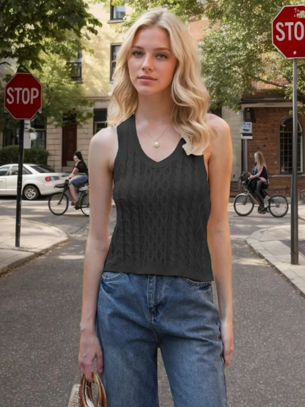 Cable-Knit V-Neck Knit Tank