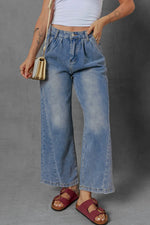 High-Waist Wide Leg Pleated Denim Jeans