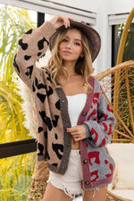 BiBi Leopard Color Block Button Down Sweater Cardigan