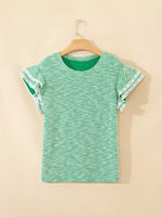 Twilled Print Lace Trim Ruffled Short Sleeve Blouse