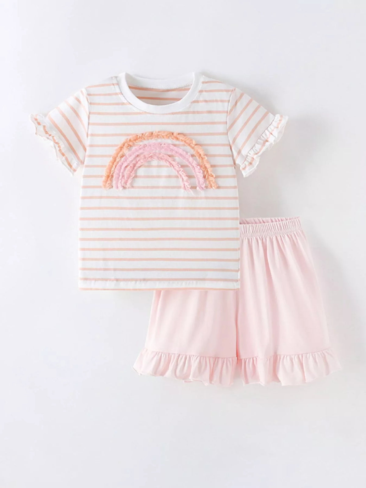 Children's Rainbow Striped Ruffle Trim Tee and Shorts Set