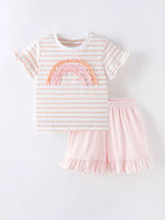 Children's Rainbow Striped Ruffle Trim Tee and Shorts Set