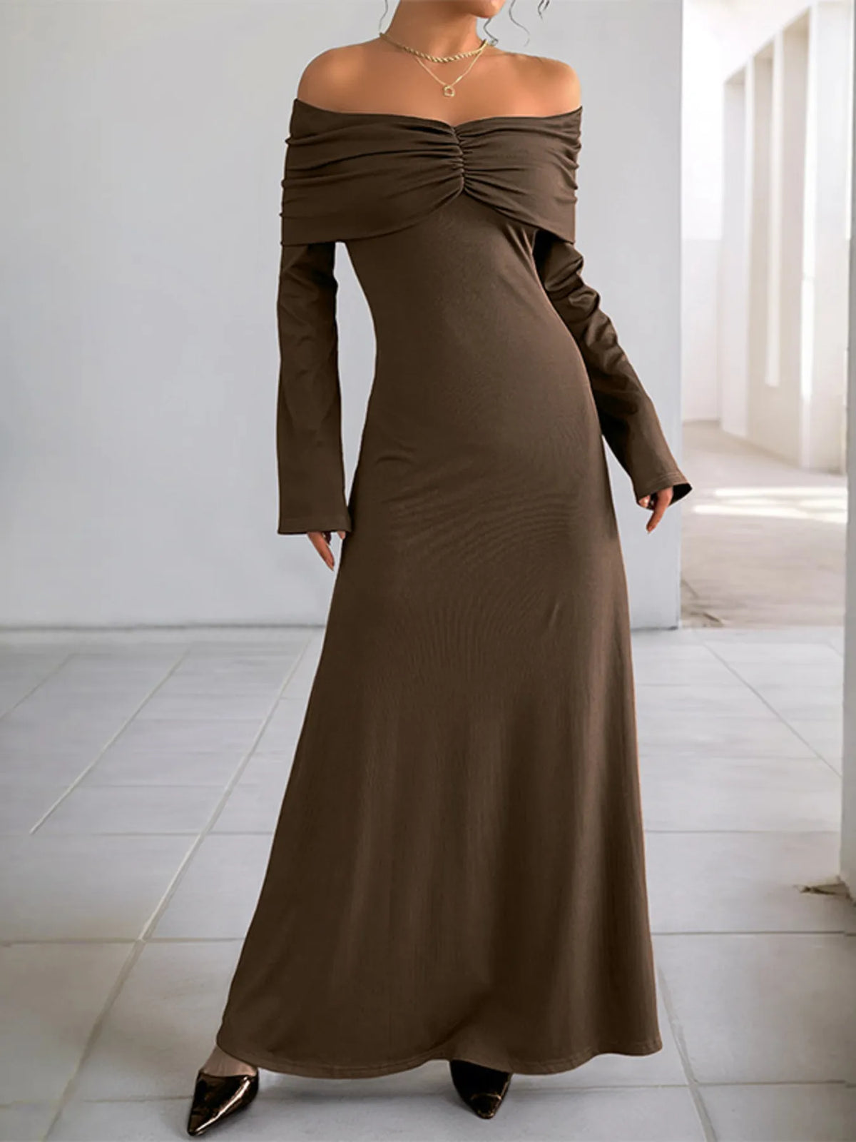 Off-Shoulder Long Sleeve Bodycon Maxi Dress