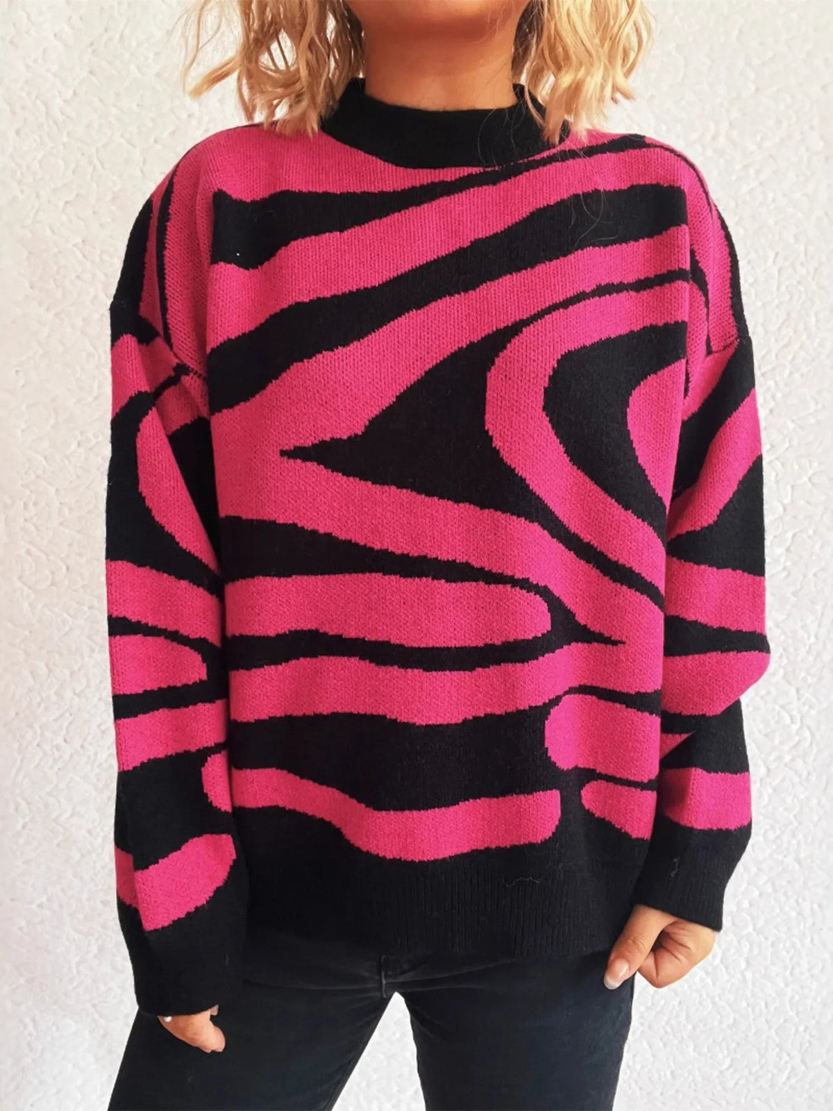 Zebra Print Round Neck Sweater