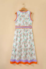Floral Print Color Block Trim Belted Sleeveless Dress