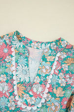 Multicolour Notched Neck Puff Short Sleeve Floral Blouse
