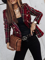 Full Size Plaid Tweed Double-Breasted Blazer Plus Size