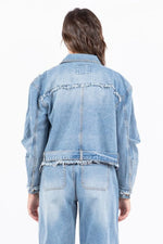 American Bazi Full Size Distressed Frayed Edge Zip Up Denim Jacket Plus Size