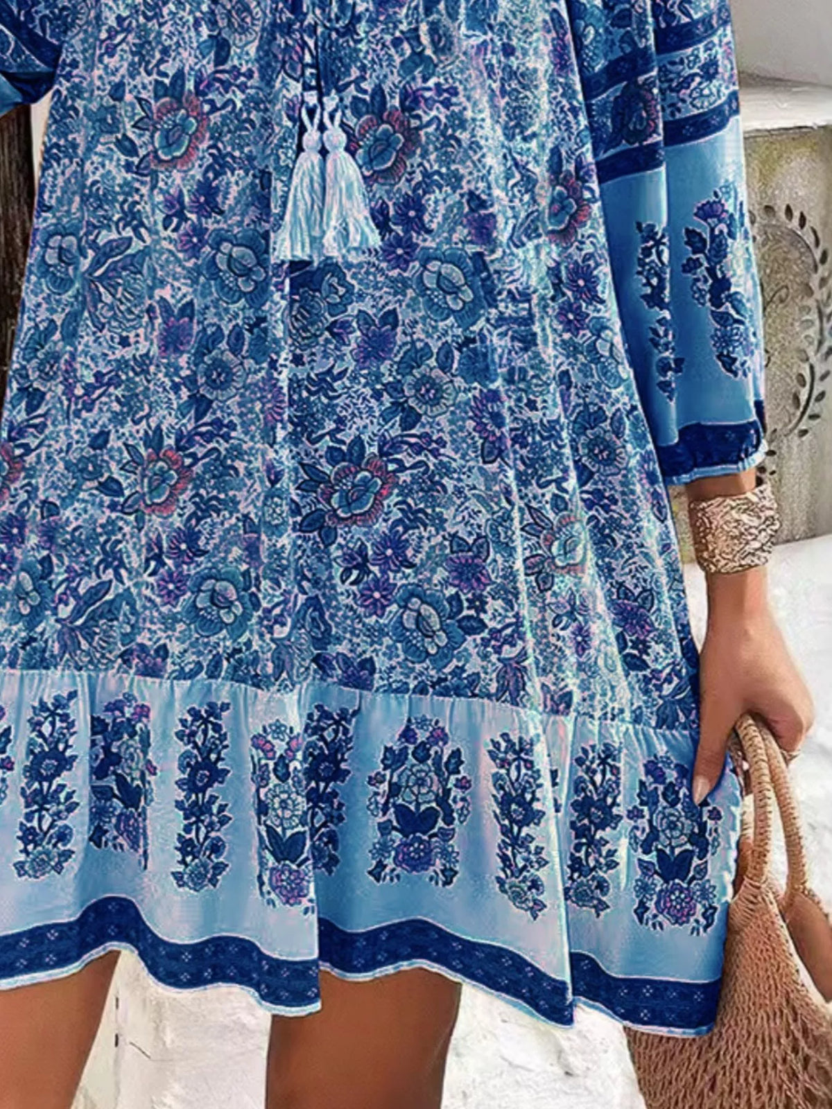 Floral Print Tassel Tie Neck Mini Dress