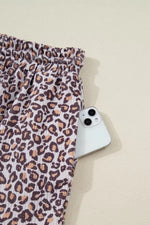 Leopard Ribbed Long Sleeve Top Drawstring Shorts 2pcs Outfit