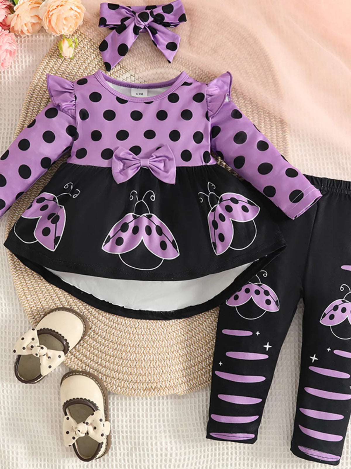 Children's Ladybug Polka Dot Ruffle Trim Top and Pants Set with Headband