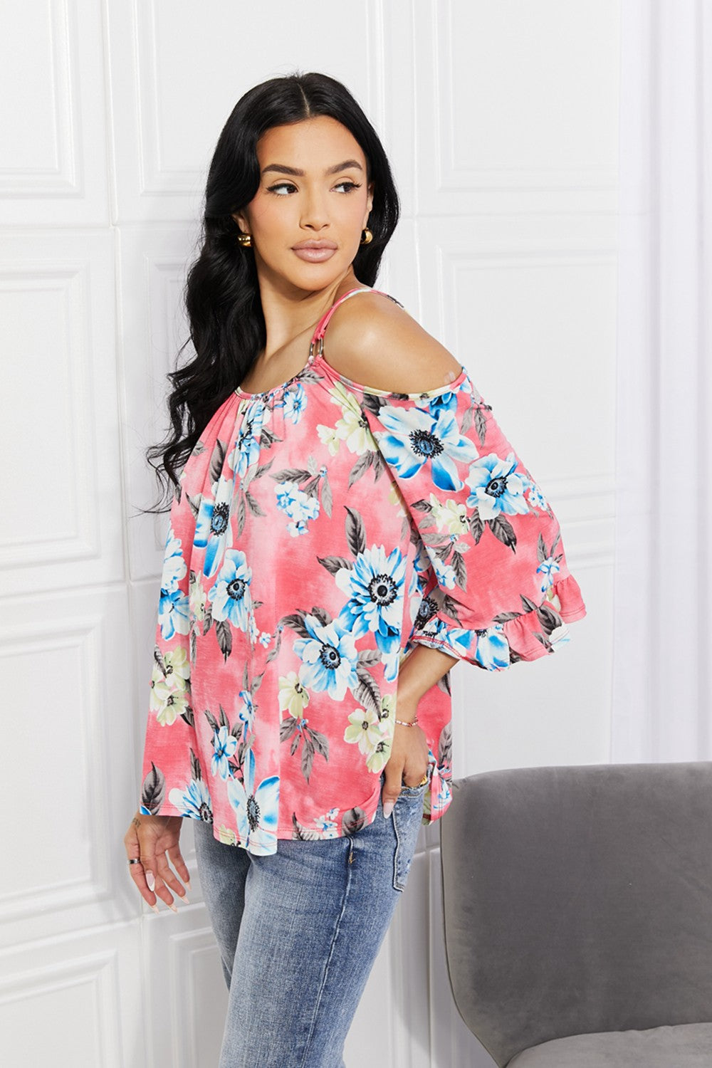 Sew In Love Full Size Fresh TakeFloral Cold-Shoulder Top