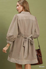 Umgee Striped Contrast Belted Puff Sleeve Mini Dress