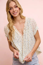 BiBi Floral Crinkle Neckdrop Short Sleeve Blouse Top