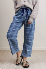Plaid Denim Grommet Drawstring Waist Ankle-Length Jeans