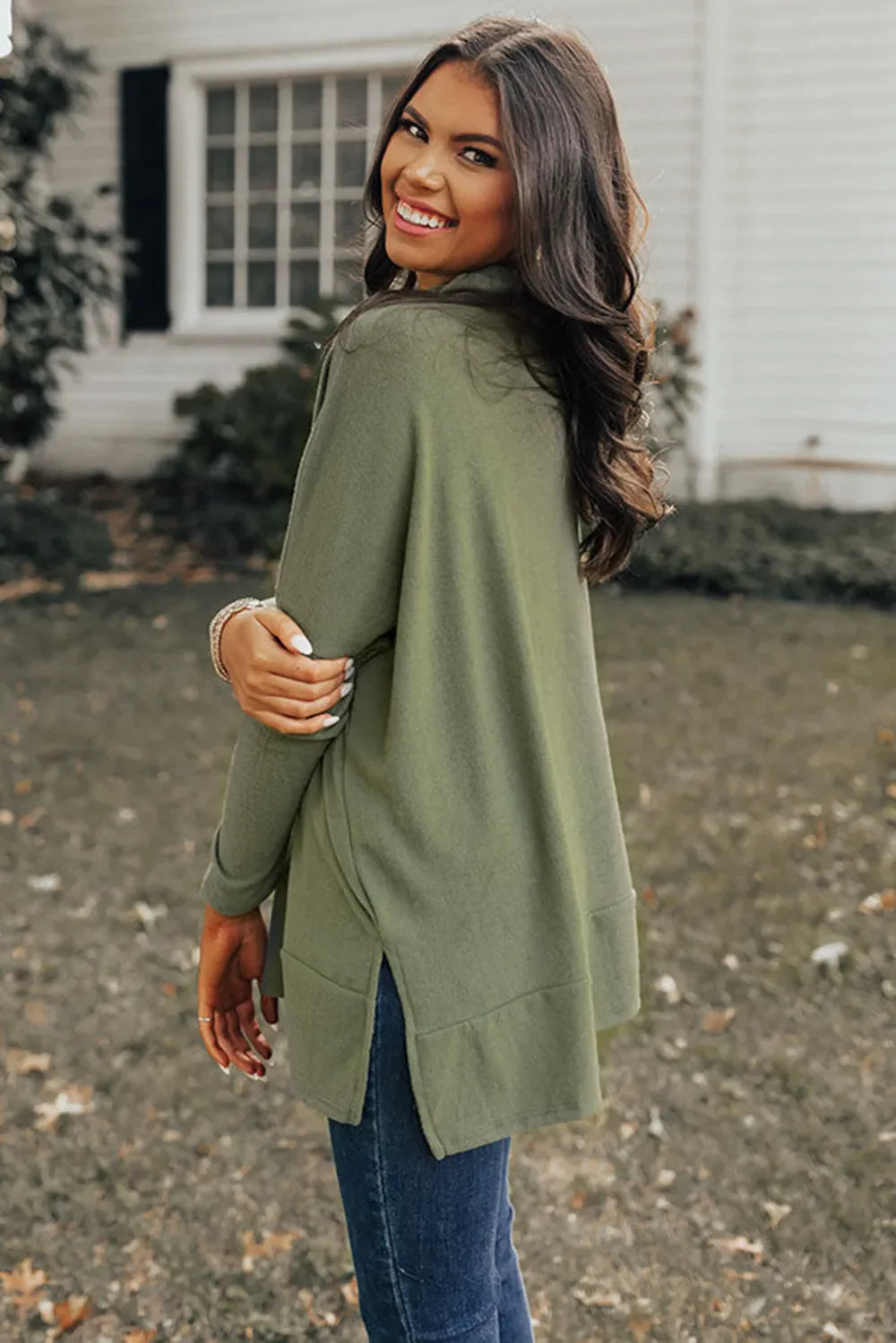 Side Slit High-Low Cowl Neck Long Sleeve Blouse