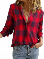 Plaid Half Button Long Sleeve Blouse