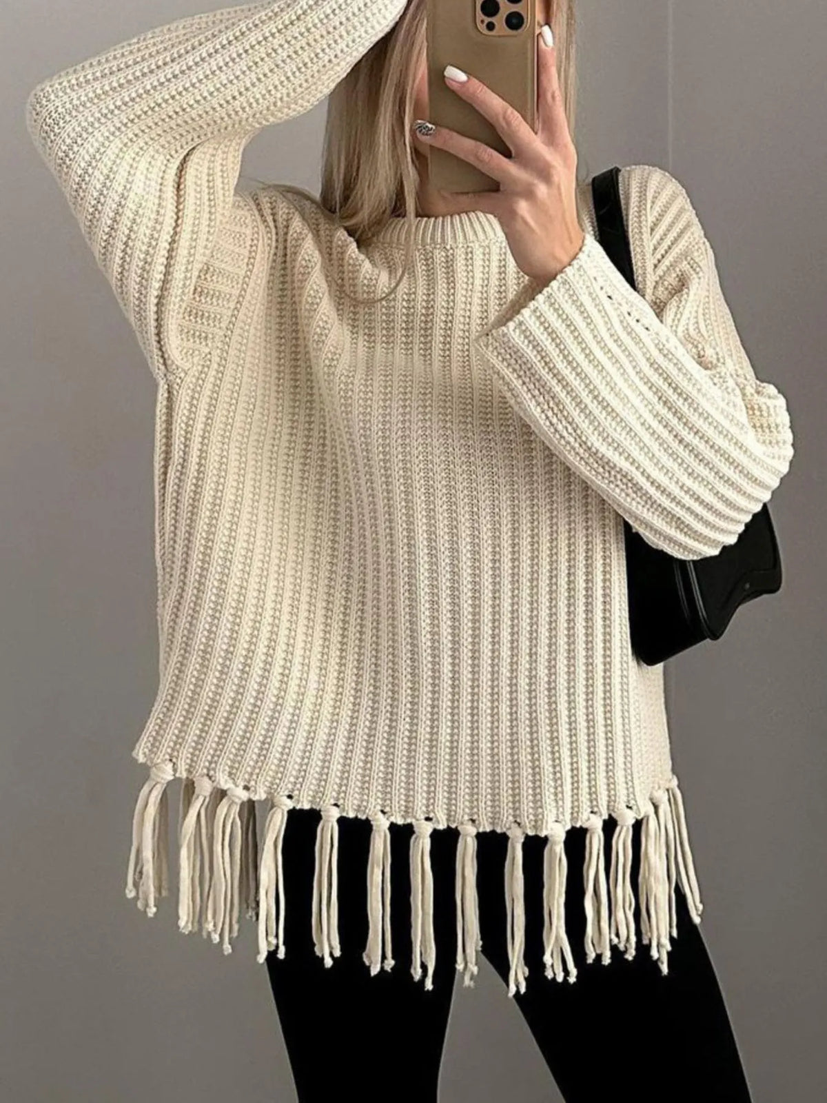Fringe Round Neck Long Sleeve Sweater