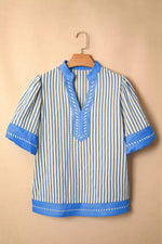 Stripe Color Block Detail V Neck Short Sleeve Blouse