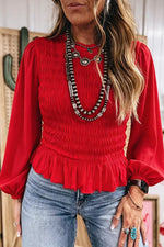 Smocked Balloon Sleeves Peplum Blouse