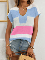 Striped Notched Short Sleeve Sweater