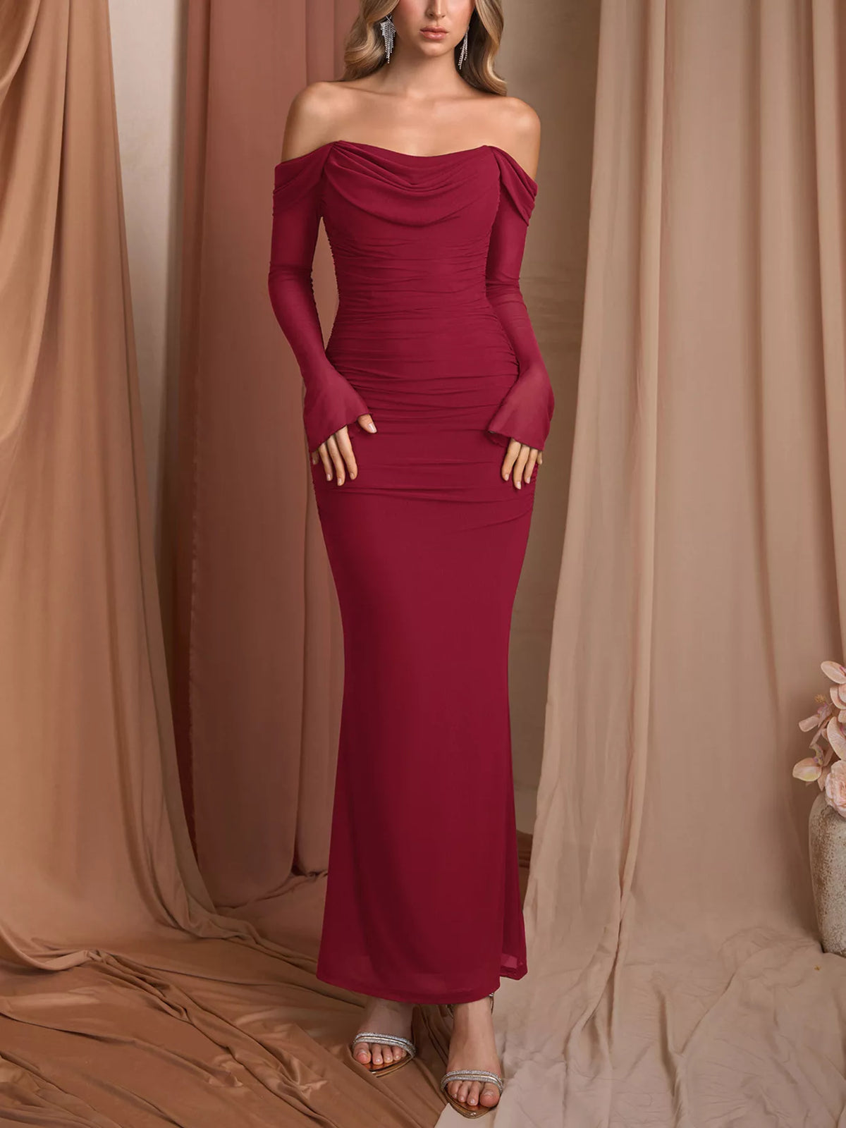 Off-Shoulder Ruched Mermaid Maxi Dress