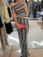 One-Shoulder Zigzag Knit Maxi Dress